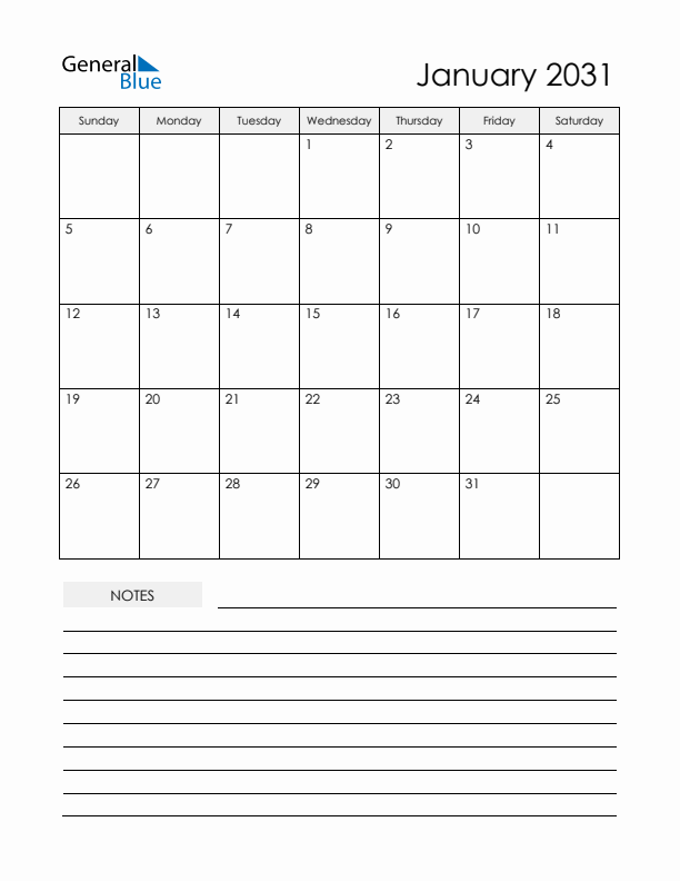 Printable Calendar with Notes - January 2031 