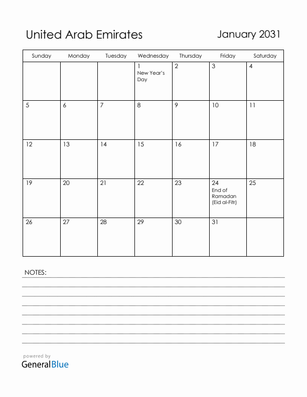 January 2031 United Arab Emirates Calendar with Holidays (Sunday Start)
