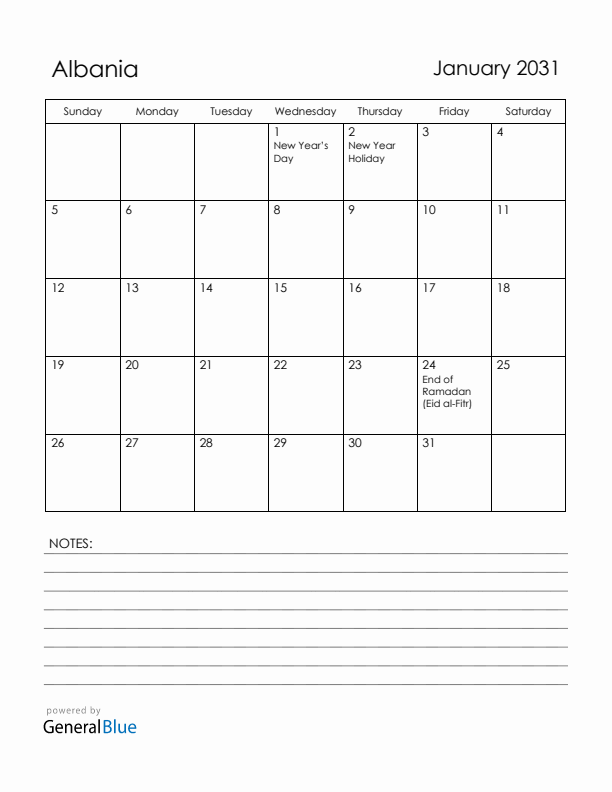 January 2031 Albania Calendar with Holidays (Sunday Start)