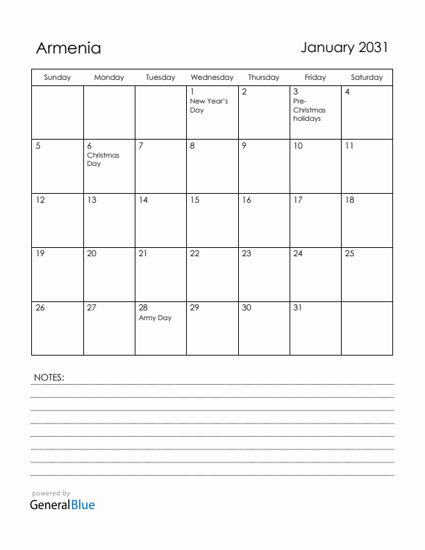 January 2031 Armenia Calendar with Holidays (Sunday Start)