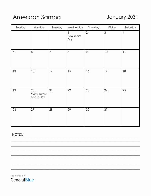 January 2031 American Samoa Calendar with Holidays (Sunday Start)