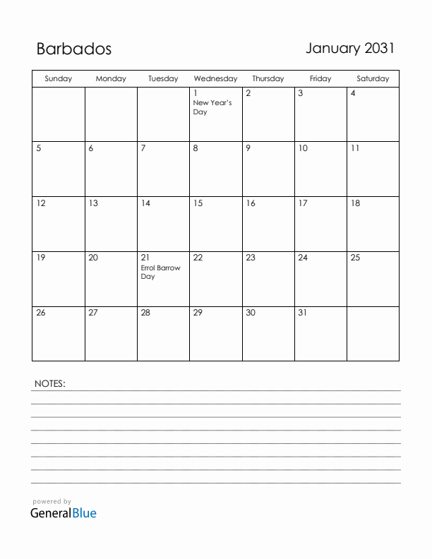 January 2031 Barbados Calendar with Holidays (Sunday Start)