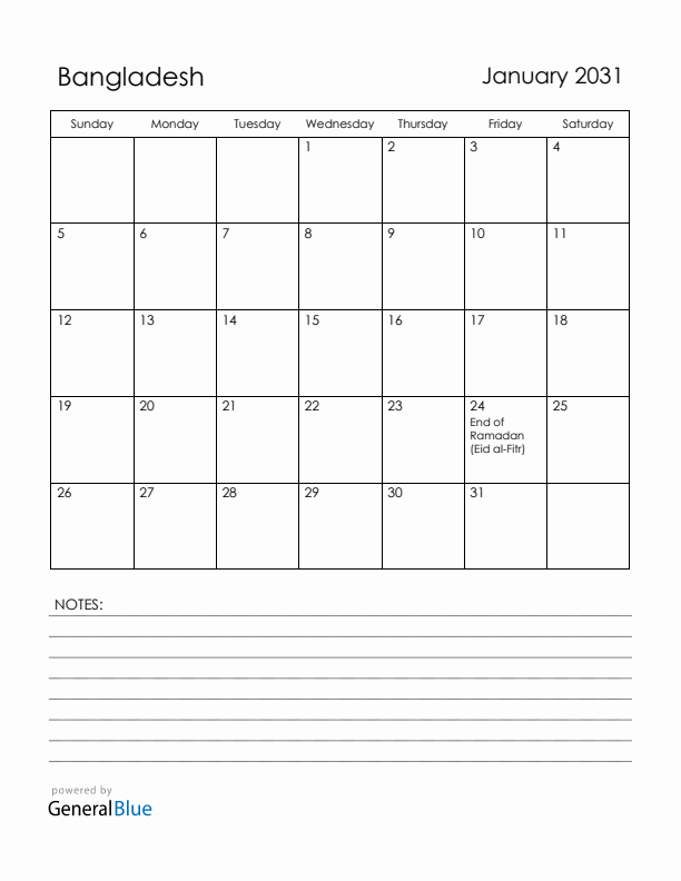 January 2031 Bangladesh Calendar with Holidays (Sunday Start)