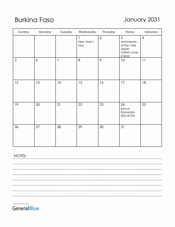 January 2031 Burkina Faso Calendar with Holidays (Sunday Start)