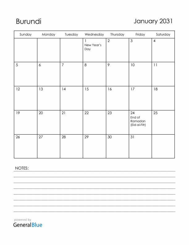 January 2031 Burundi Calendar with Holidays (Sunday Start)