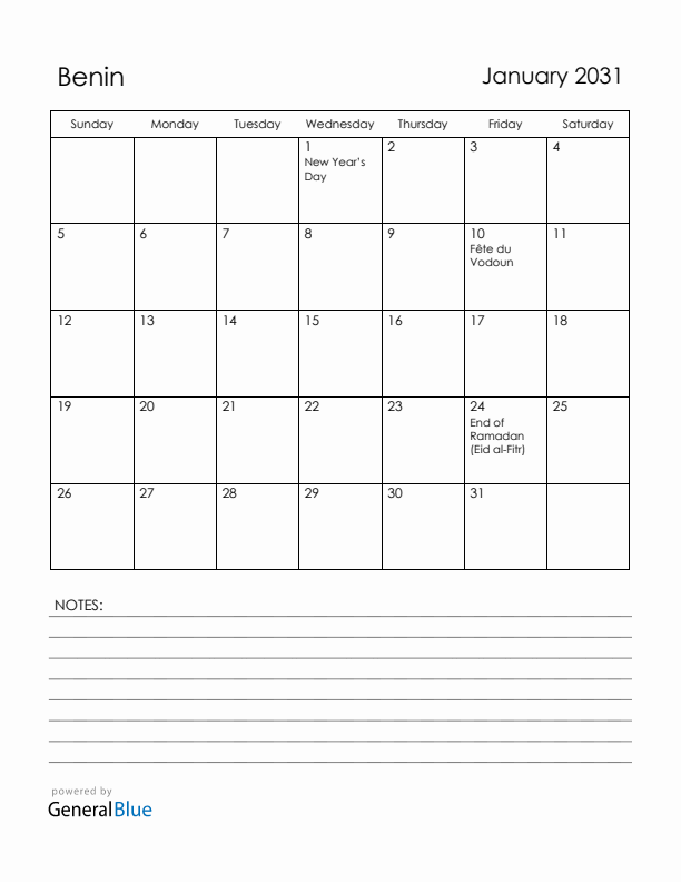 January 2031 Benin Calendar with Holidays (Sunday Start)