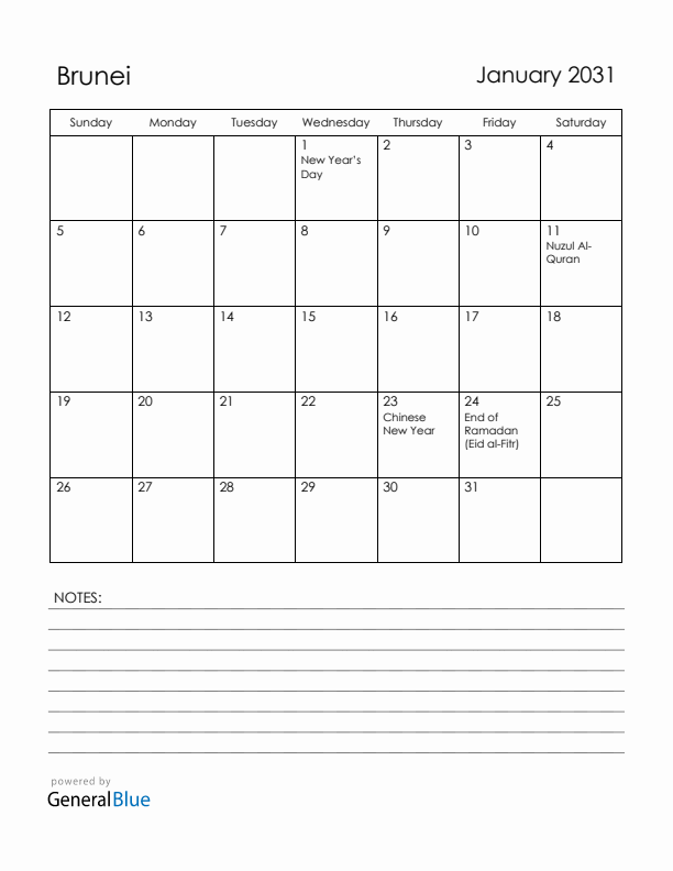 January 2031 Brunei Calendar with Holidays (Sunday Start)