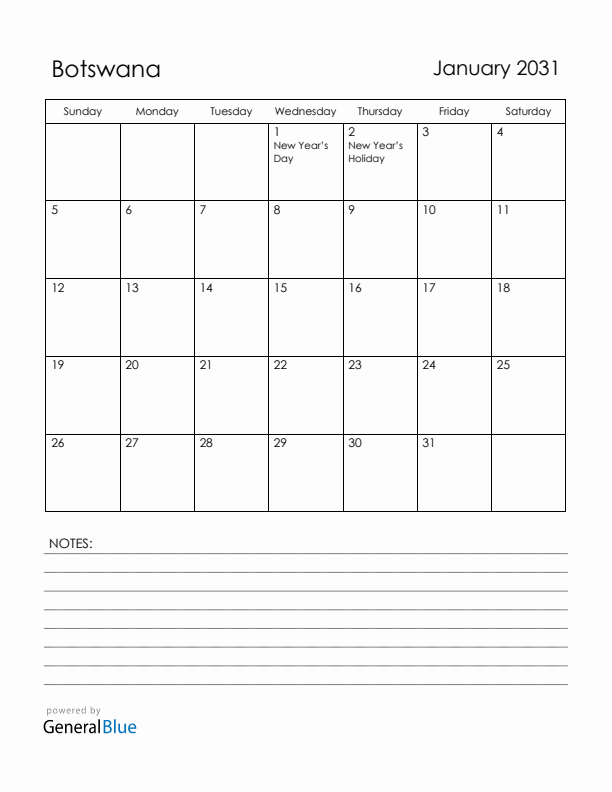January 2031 Botswana Calendar with Holidays (Sunday Start)