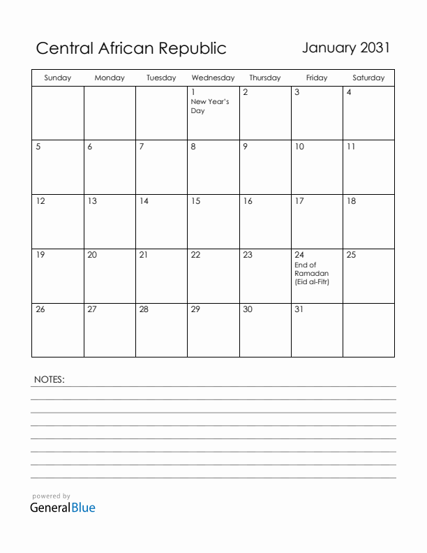January 2031 Central African Republic Calendar with Holidays (Sunday Start)