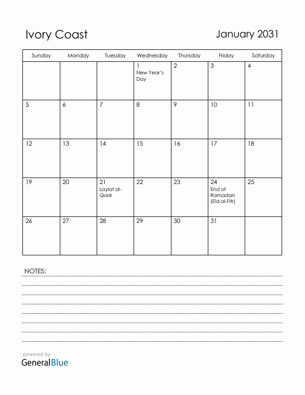 January 2031 Ivory Coast Calendar with Holidays (Sunday Start)
