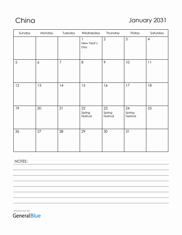 January 2031 China Calendar with Holidays (Sunday Start)