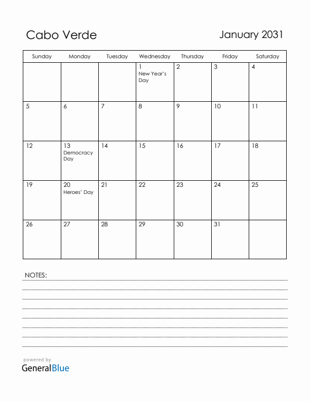 January 2031 Cabo Verde Calendar with Holidays (Sunday Start)