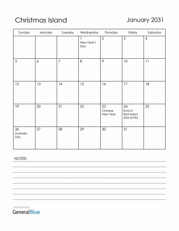 January 2031 Christmas Island Calendar with Holidays (Sunday Start)