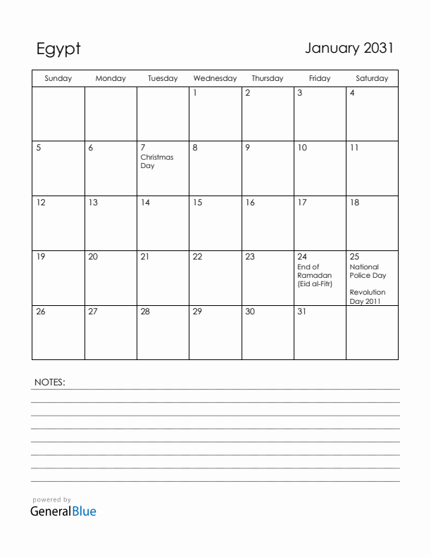 January 2031 Egypt Calendar with Holidays (Sunday Start)