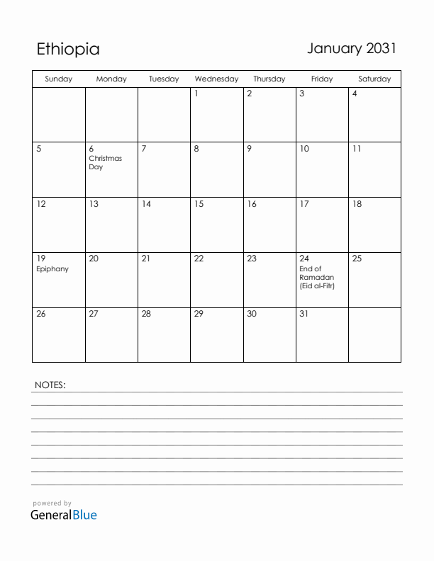 January 2031 Ethiopia Calendar with Holidays (Sunday Start)