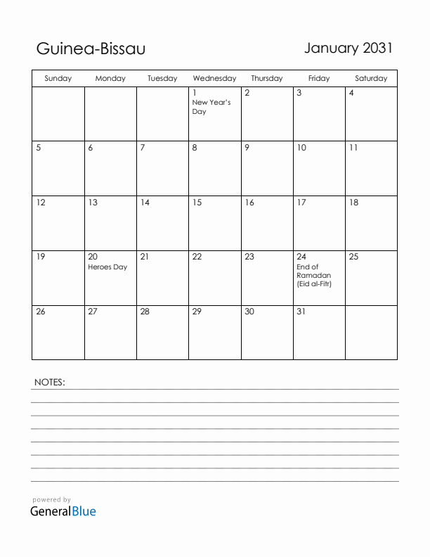 January 2031 Guinea-Bissau Calendar with Holidays (Sunday Start)