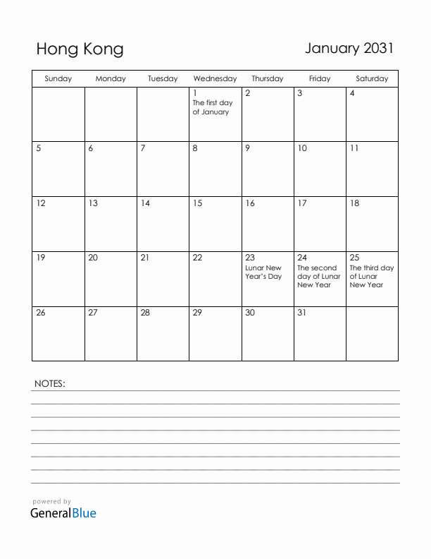January 2031 Hong Kong Calendar with Holidays (Sunday Start)