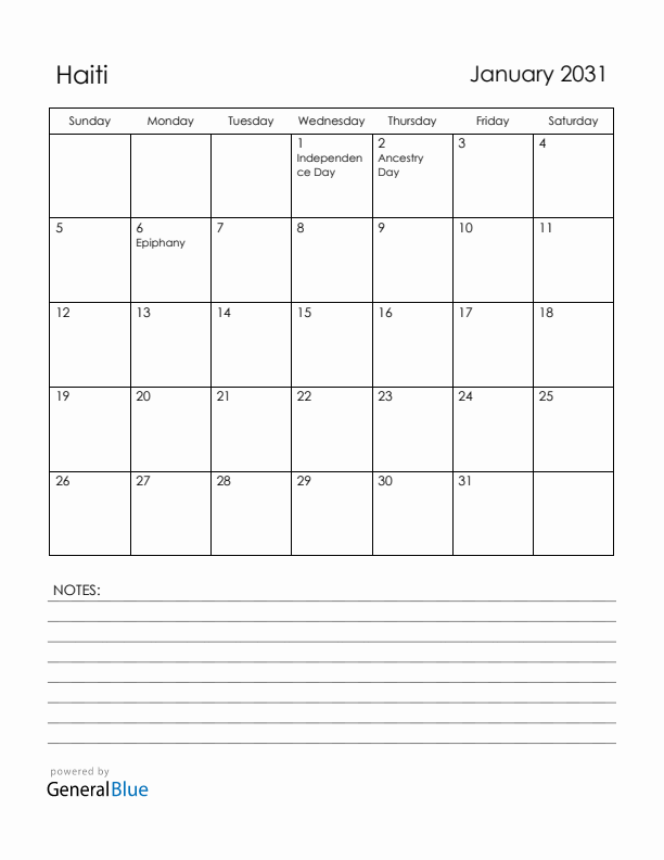 January 2031 Haiti Calendar with Holidays (Sunday Start)