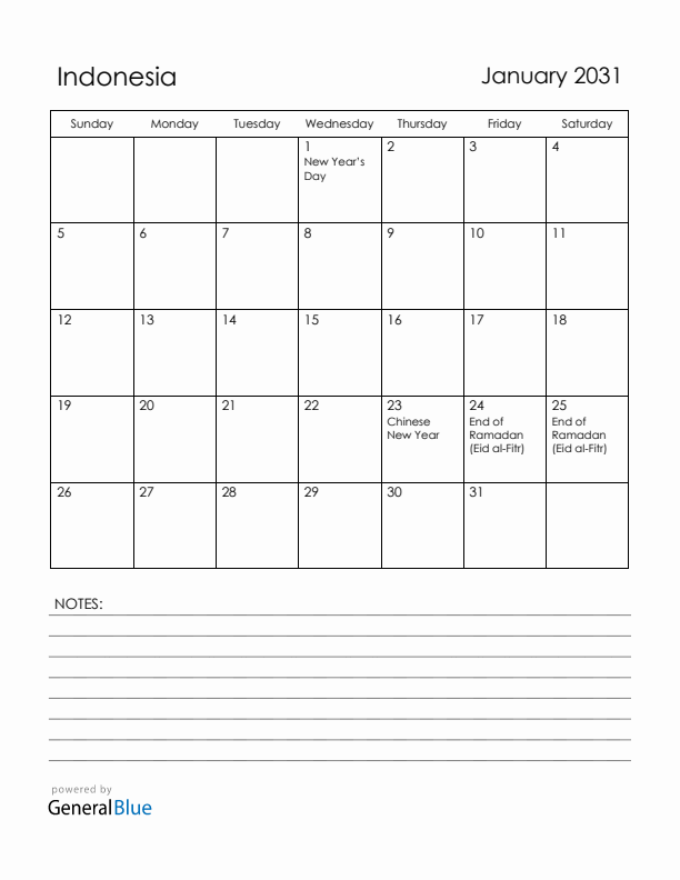 January 2031 Indonesia Calendar with Holidays (Sunday Start)