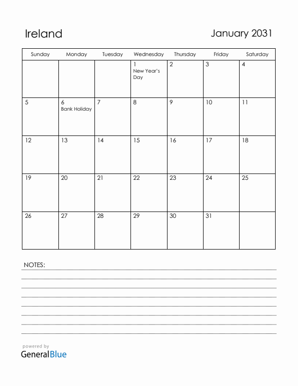 January 2031 Ireland Calendar with Holidays (Sunday Start)