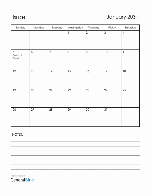 January 2031 Israel Calendar with Holidays (Sunday Start)