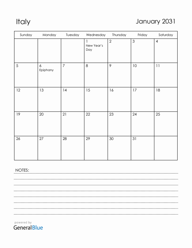 January 2031 Italy Calendar with Holidays (Sunday Start)