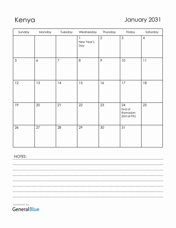 January 2031 Kenya Calendar with Holidays (Sunday Start)
