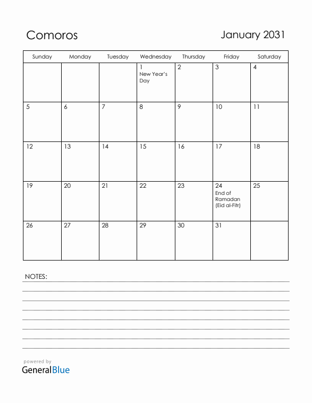January 2031 Comoros Calendar with Holidays (Sunday Start)