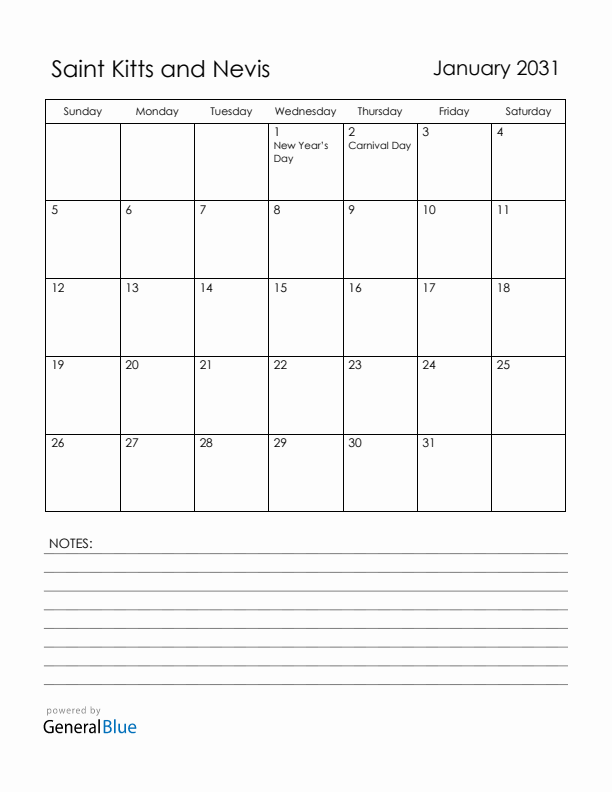 January 2031 Saint Kitts and Nevis Calendar with Holidays (Sunday Start)