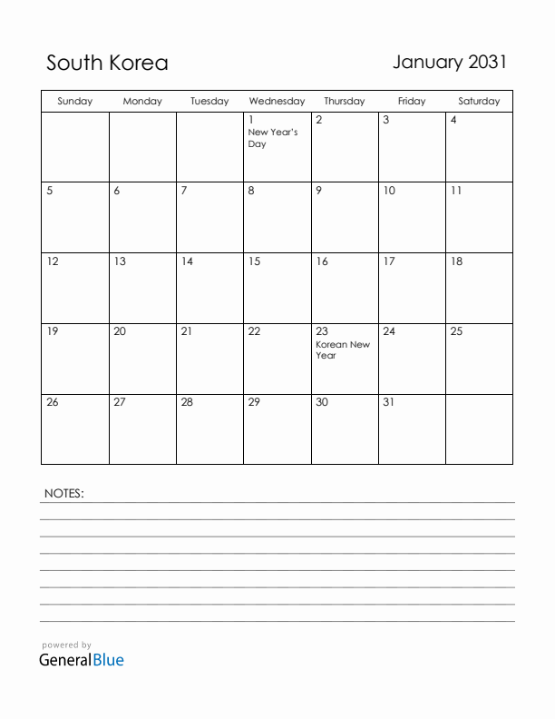 January 2031 South Korea Calendar with Holidays (Sunday Start)