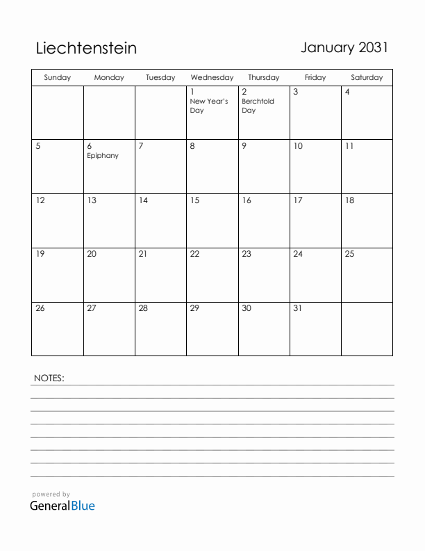 January 2031 Liechtenstein Calendar with Holidays (Sunday Start)