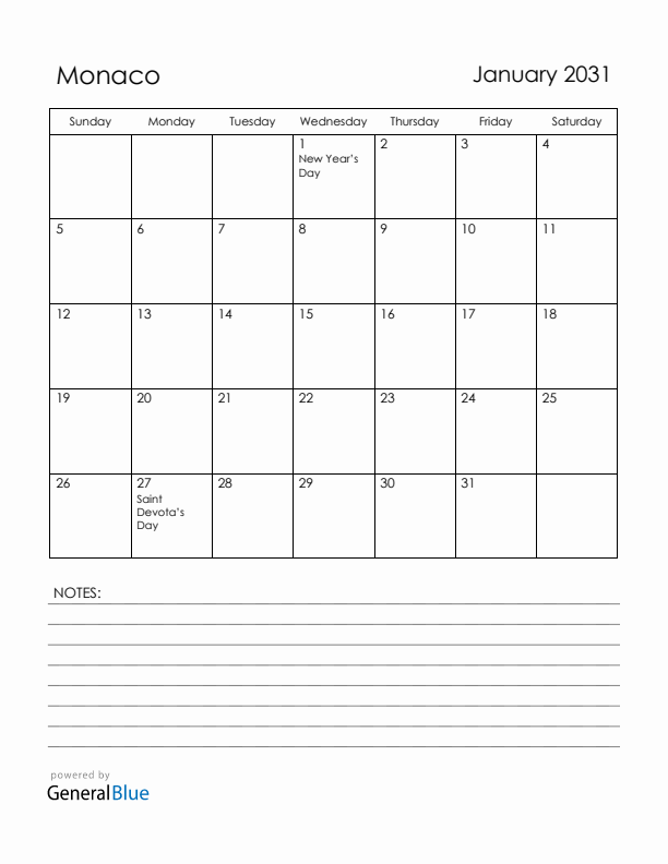 January 2031 Monaco Calendar with Holidays (Sunday Start)