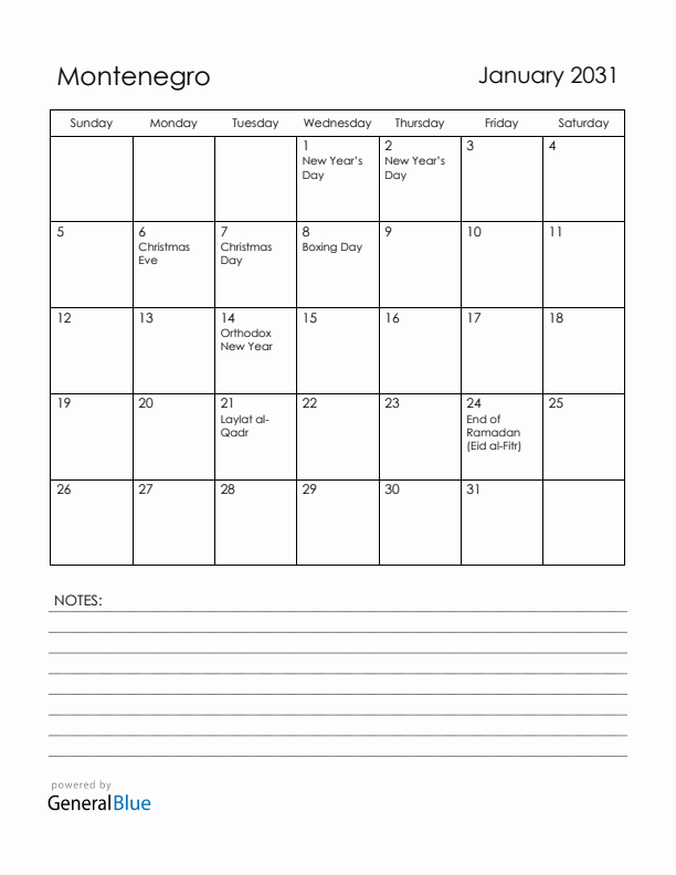 January 2031 Montenegro Calendar with Holidays (Sunday Start)