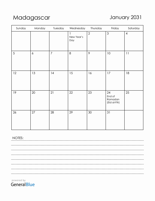January 2031 Madagascar Calendar with Holidays (Sunday Start)