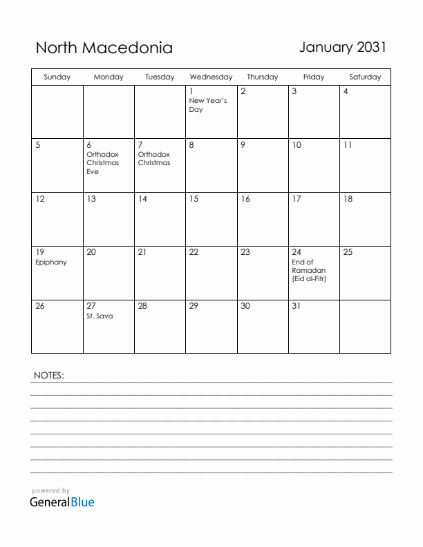 January 2031 North Macedonia Calendar with Holidays (Sunday Start)