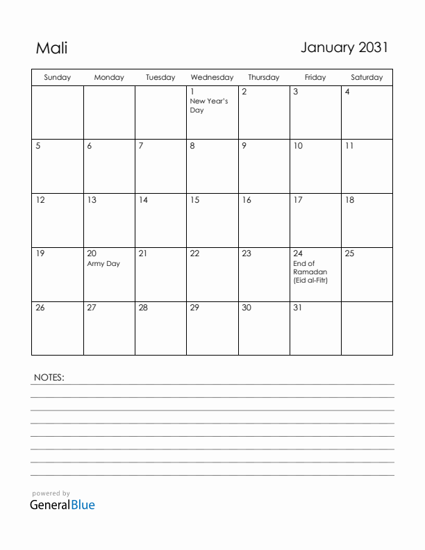 January 2031 Mali Calendar with Holidays (Sunday Start)