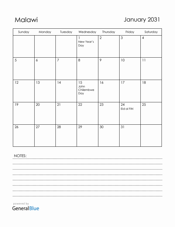 January 2031 Malawi Calendar with Holidays (Sunday Start)