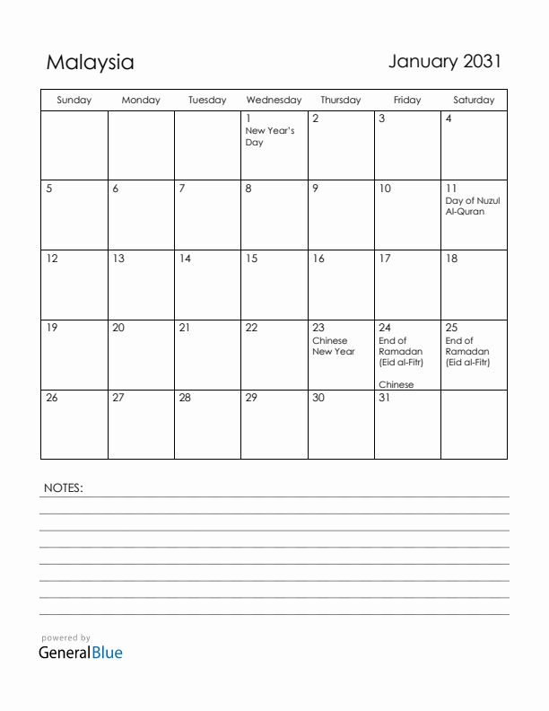 January 2031 Malaysia Calendar with Holidays (Sunday Start)