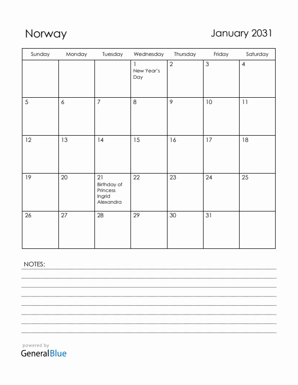 January 2031 Norway Calendar with Holidays (Sunday Start)