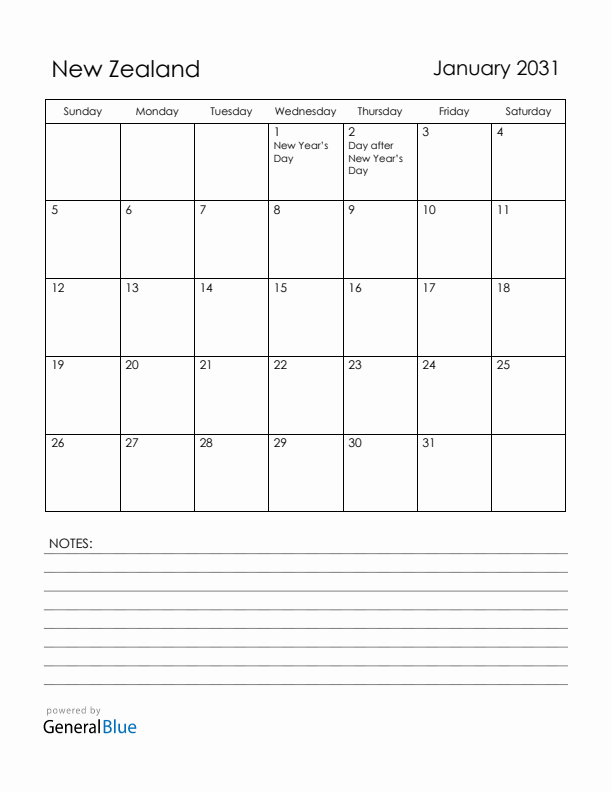 January 2031 New Zealand Calendar with Holidays (Sunday Start)