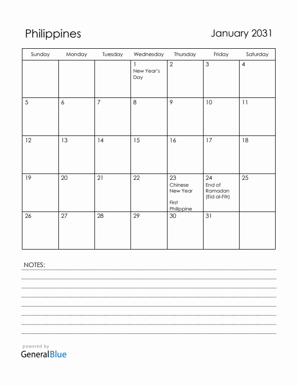 January 2031 Philippines Calendar with Holidays (Sunday Start)