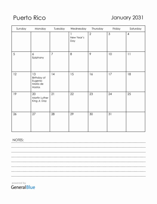 January 2031 Puerto Rico Calendar with Holidays (Sunday Start)