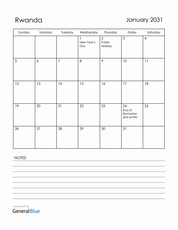 January 2031 Rwanda Calendar with Holidays (Sunday Start)