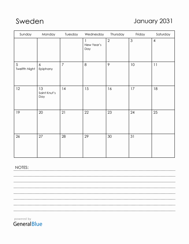 January 2031 Sweden Calendar with Holidays (Sunday Start)
