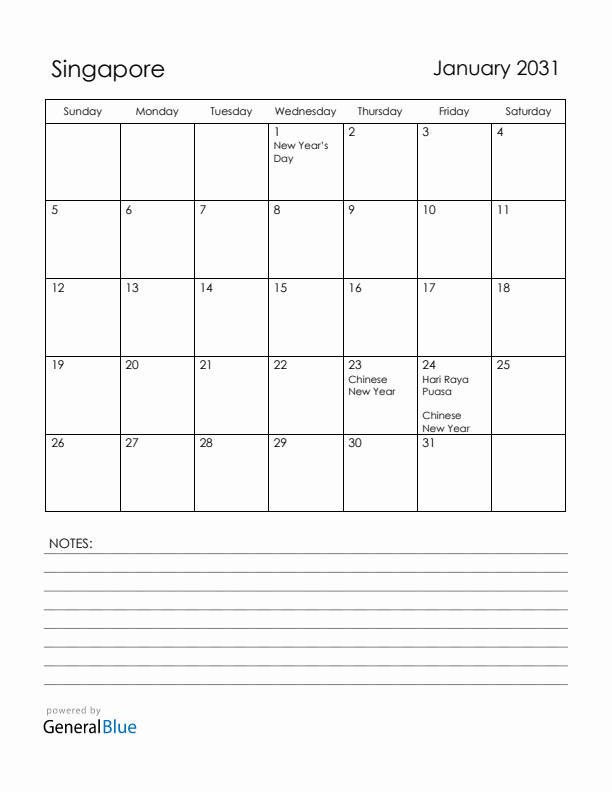 January 2031 Singapore Calendar with Holidays (Sunday Start)