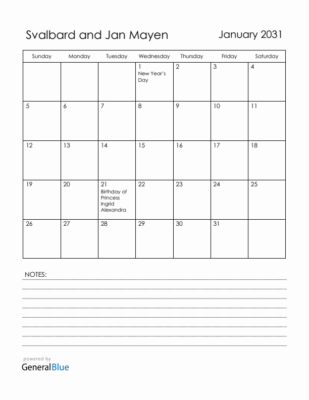 January 2031 Svalbard and Jan Mayen Calendar with Holidays (Sunday Start)