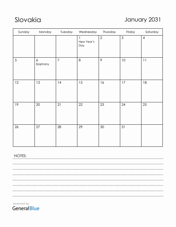 January 2031 Slovakia Calendar with Holidays (Sunday Start)