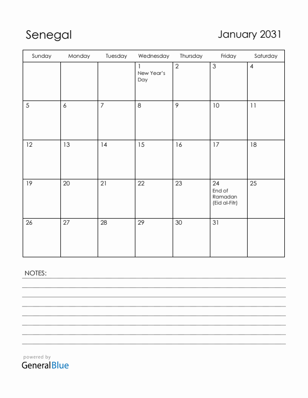 January 2031 Senegal Calendar with Holidays (Sunday Start)