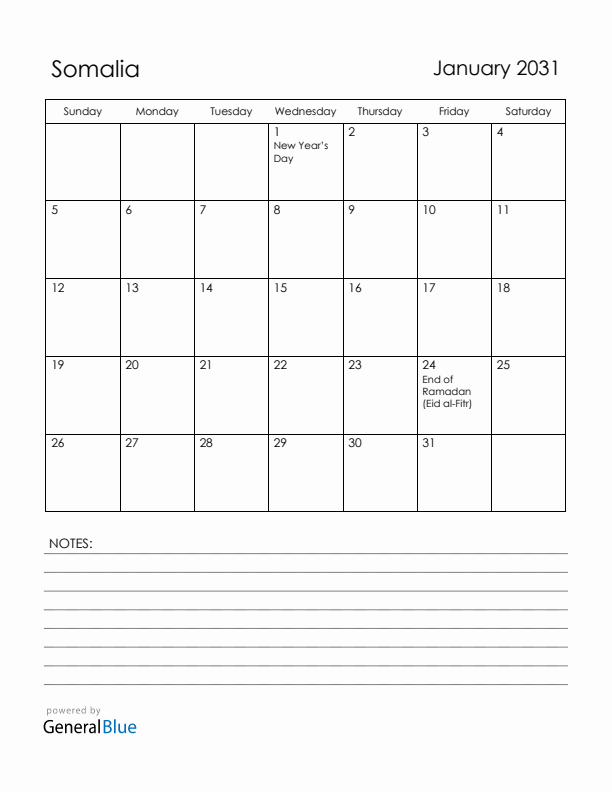 January 2031 Somalia Calendar with Holidays (Sunday Start)