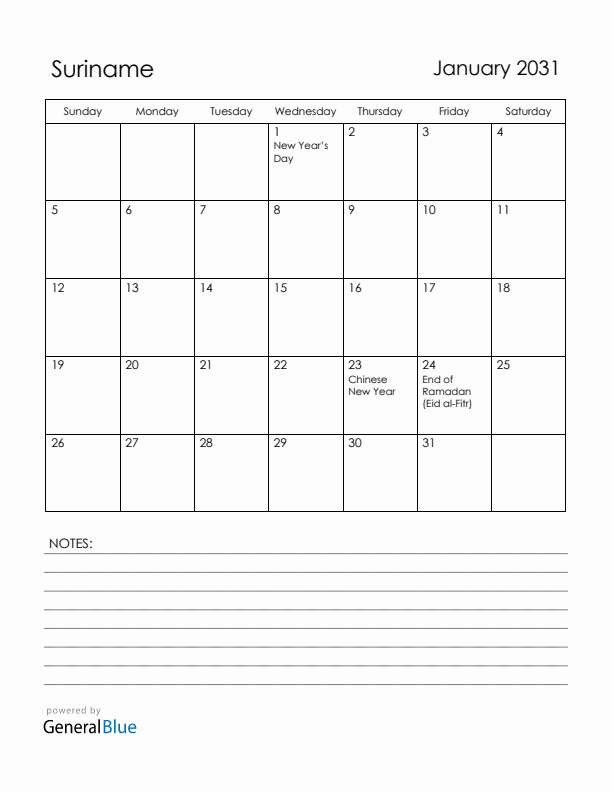 January 2031 Suriname Calendar with Holidays (Sunday Start)